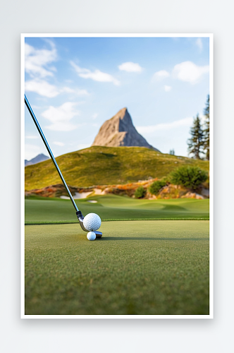 一个推杆一个高尔夫球特写背景是一座山图片