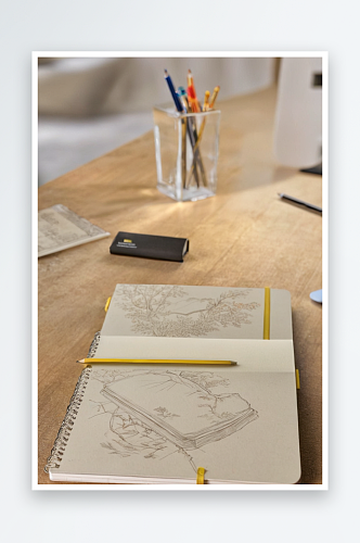 一个设计室桌子上笔记本里素描特写图片