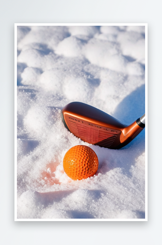 一个橙色高尔夫球雪地上高尔夫球杆顶端图片