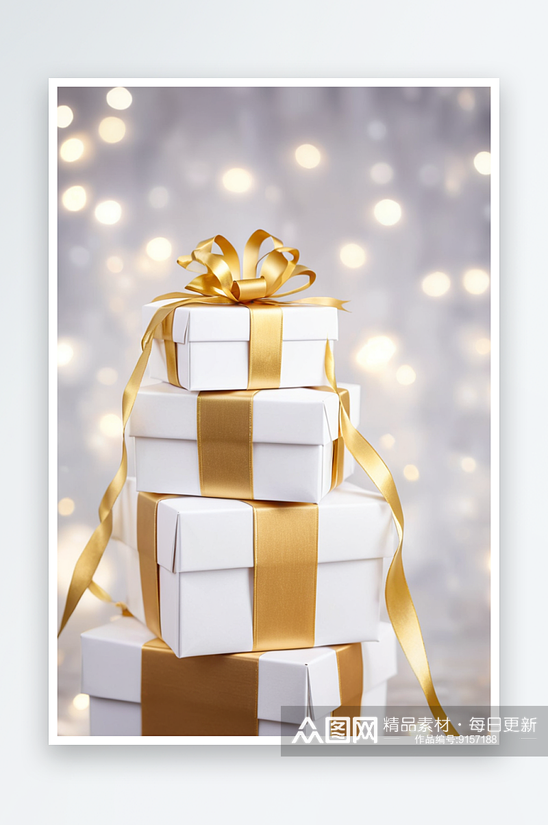 一叠白色礼品盒金丝带散景背景上图片素材