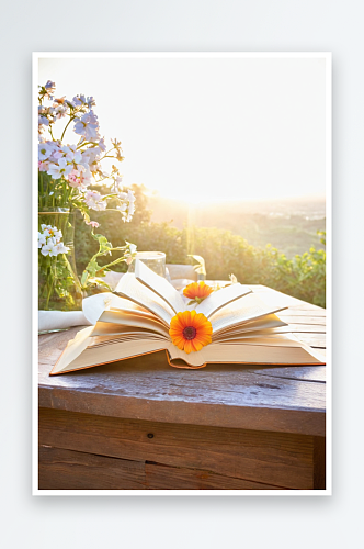 一本书静物画以花朵作为书签放花园桌子上映
