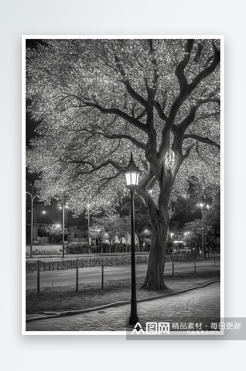 夜晚街灯树剪影后面照亮图片素材
