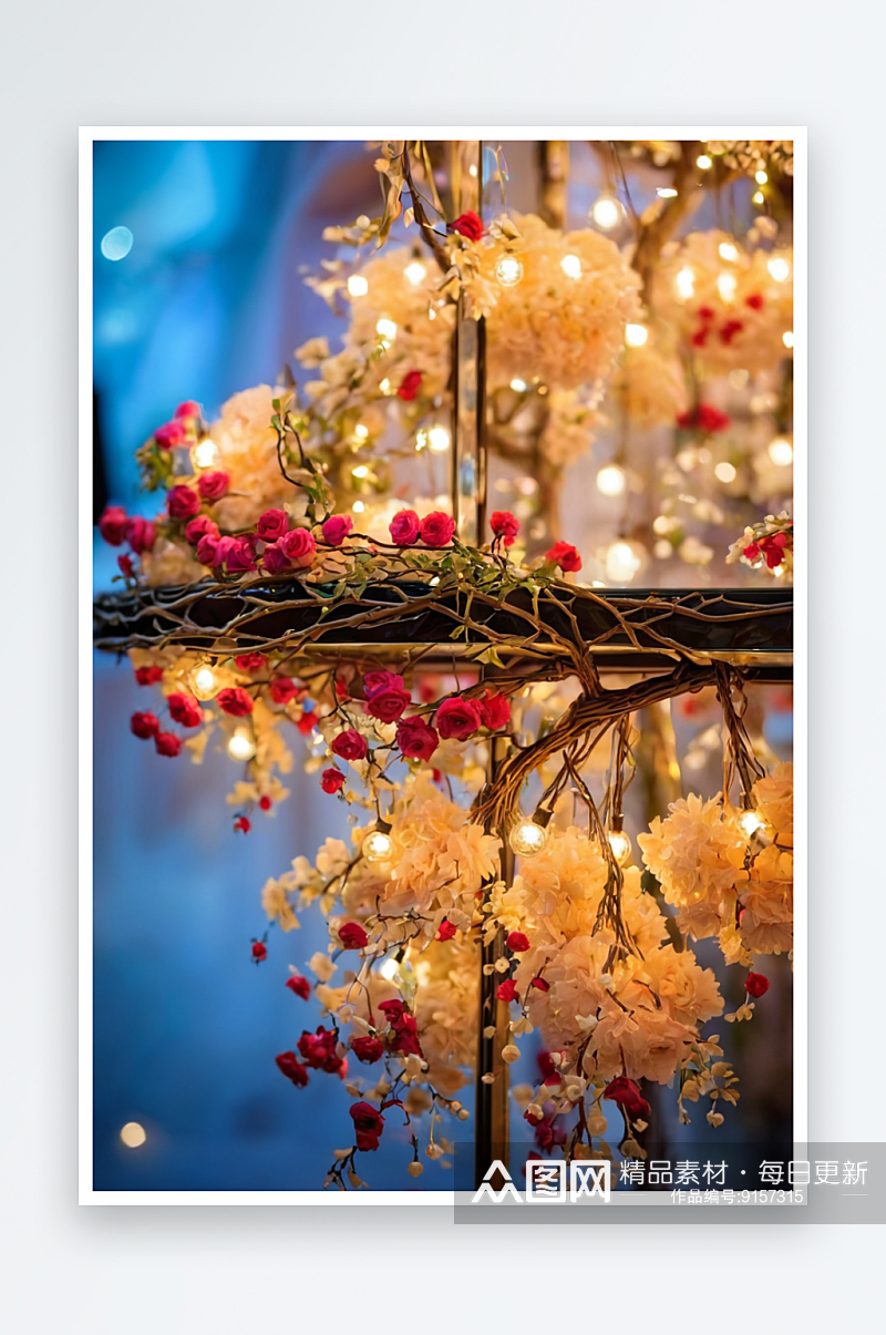 悬挂树枝上玻璃小装饰品下为印度婚礼装饰鲜素材