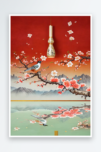 新中式风格杏花与布谷鸟装饰插画图片