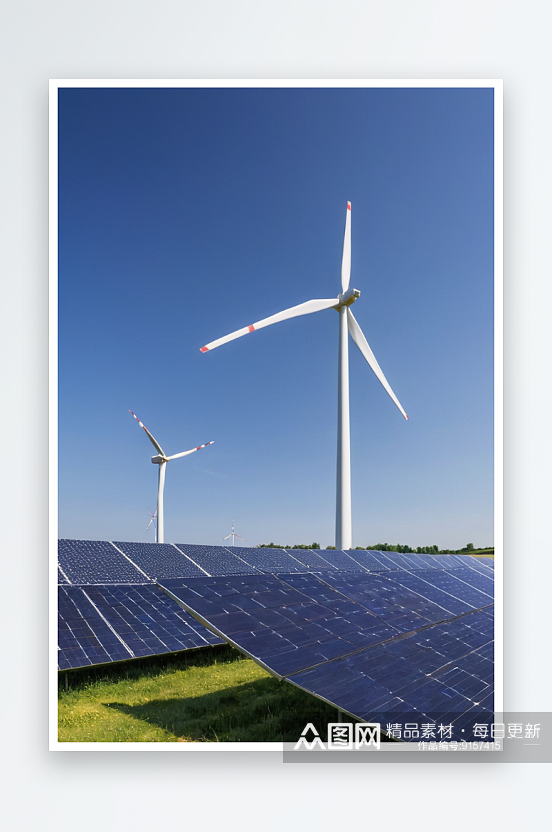 乡村景观中现代太阳能电池板风力涡轮机图片素材