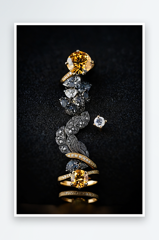 现代黄金纹理结婚戒指装饰钻石黑色木炭背景