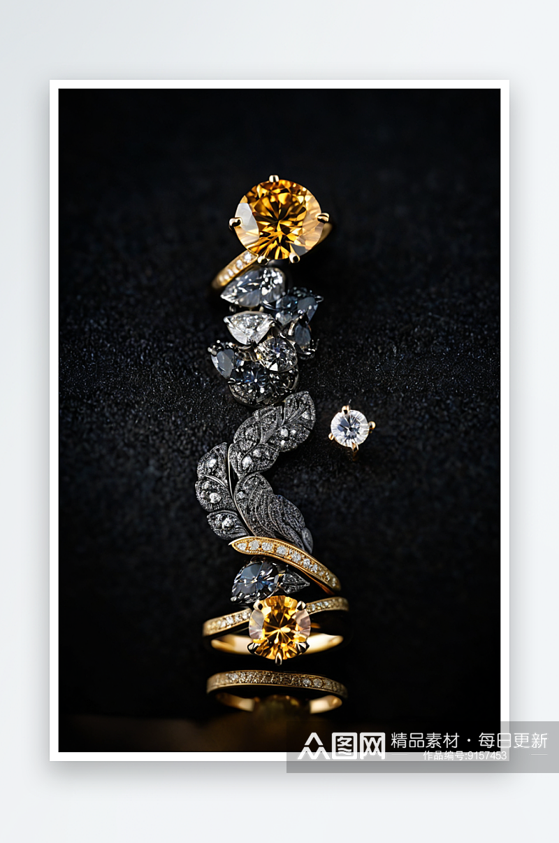现代黄金纹理结婚戒指装饰钻石黑色木炭背景素材