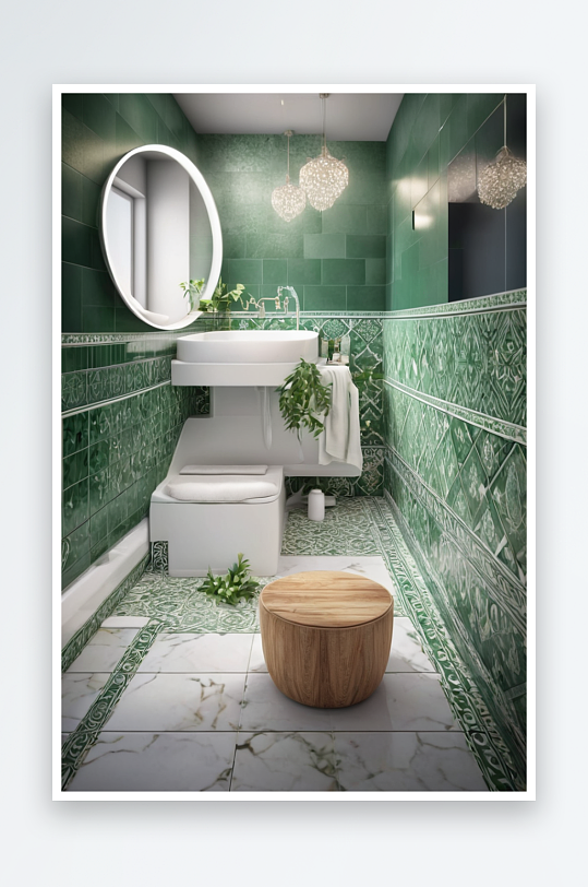 卫生间浴缸浴室与绿色白色图案地砖图片