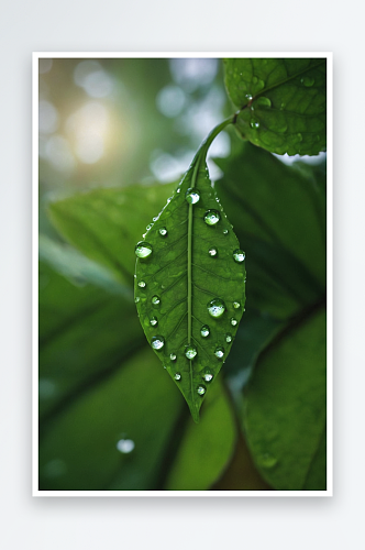 绿色树叶上雨滴图片