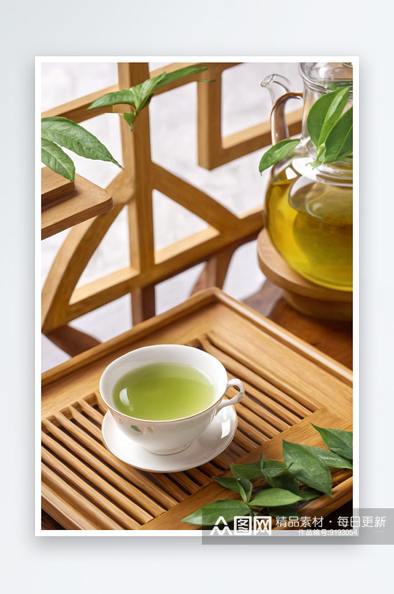 一杯清新绿茶放茶盘上图片素材
