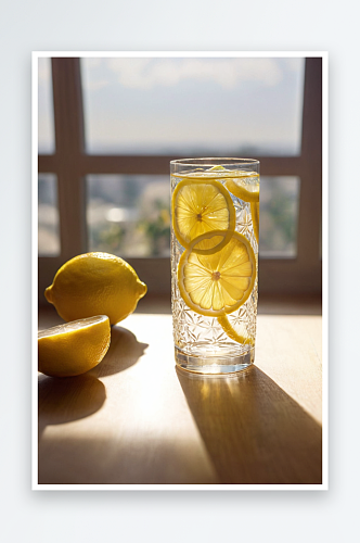 阳光照射下玻璃杯中柠檬切片图片