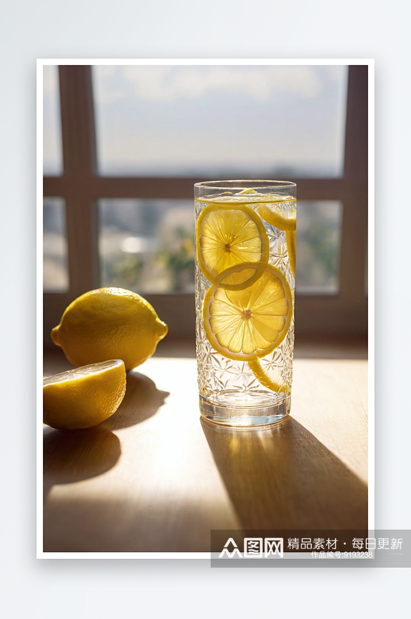 阳光照射下玻璃杯中柠檬切片图片素材