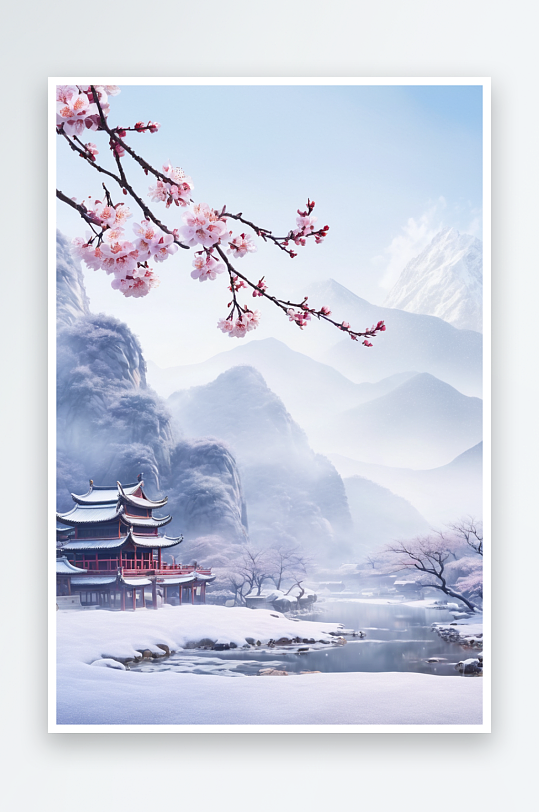 新中式古风水墨写意留白山水梅花雪景图片