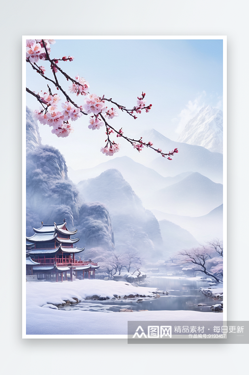 新中式古风水墨写意留白山水梅花雪景图片素材