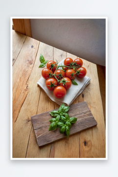 新鲜农民西红柿罗勒放木桌上图片