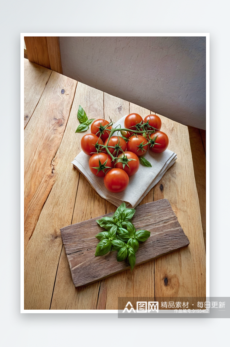 新鲜农民西红柿罗勒放木桌上图片素材