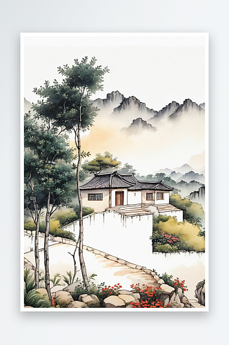 乡村别墅风手绘传统文化水墨插画植物风景图