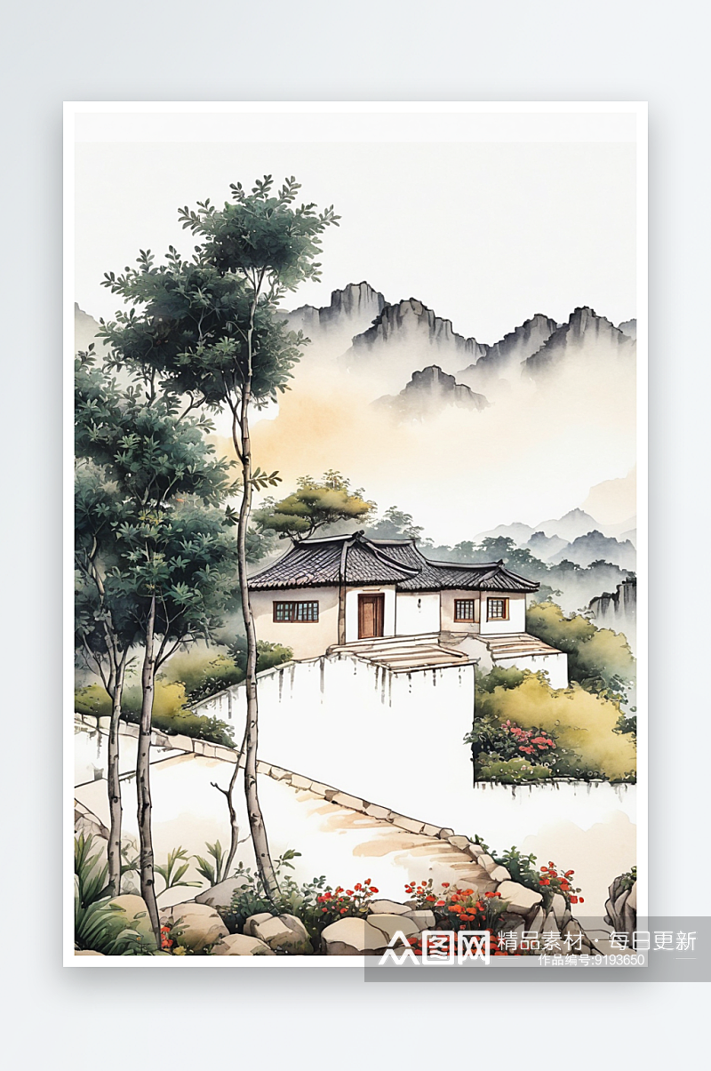 乡村别墅风手绘传统文化水墨插画植物风景图素材