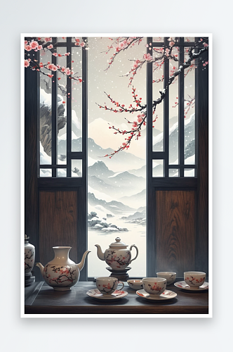 唯美冬日烧茶观梅花雪景古风水墨插画图片