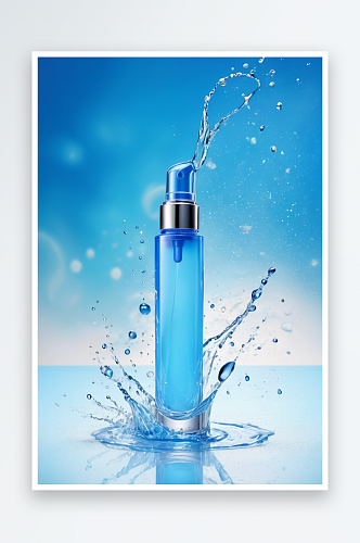 透明液体美容产品作为皮肤保湿蓝色背景与飞