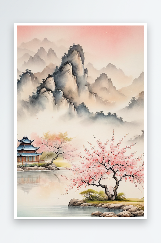 桃花水墨风景画古典国画图片