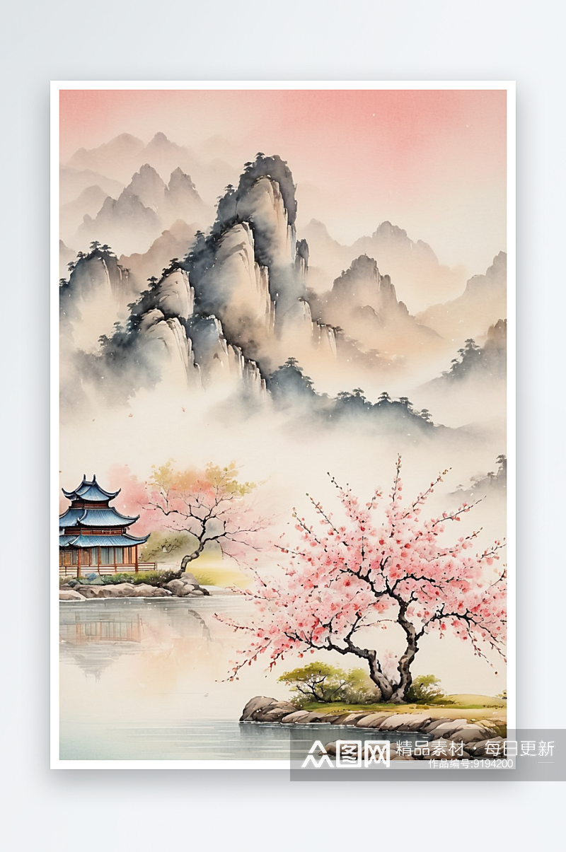 桃花水墨风景画古典国画图片素材