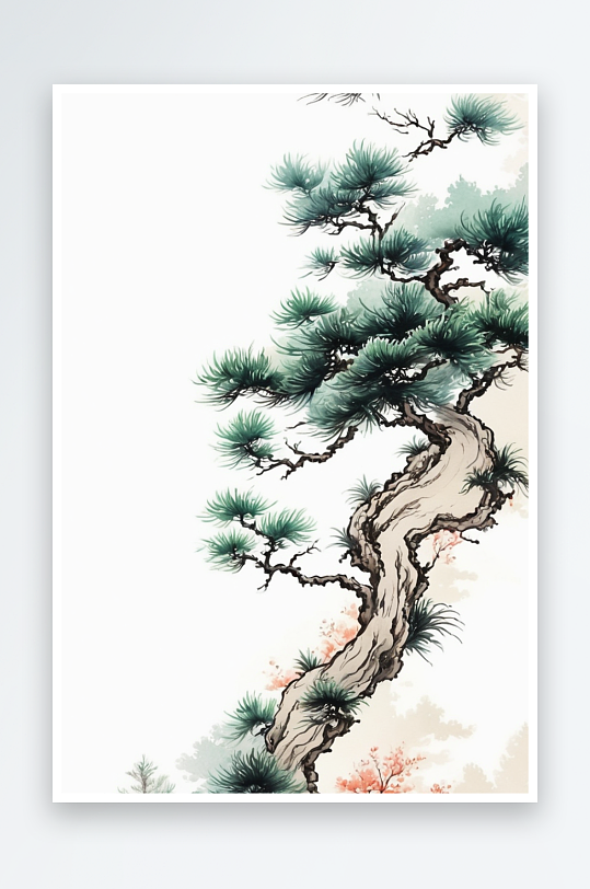 松树风手绘传统文化水墨插画植物风景图片