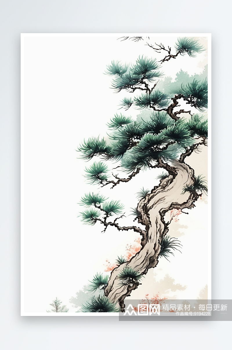 松树风手绘传统文化水墨插画植物风景图片素材