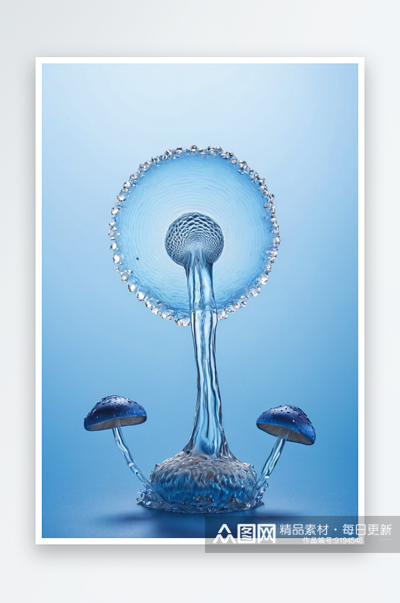 水滴碰撞水蘑菇一个蓝色背景图片素材