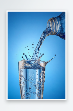 水倒一个杯子水倒蓝色背景瓶子特写镜头图片