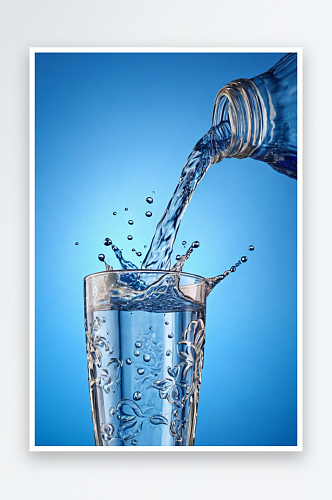 水倒一个杯子水倒蓝色背景瓶子特写镜头图片