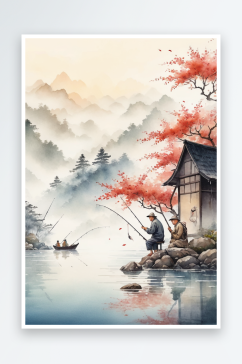 竖幅背景山水水墨画枫树渔民图片