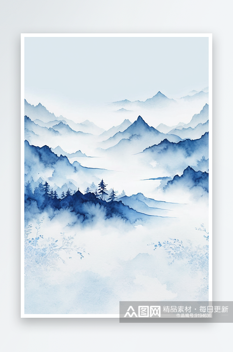 竖版风蓝色水墨意境山水画图片素材