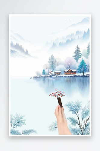 手绘立冬节气国风意境山水风景插画图片