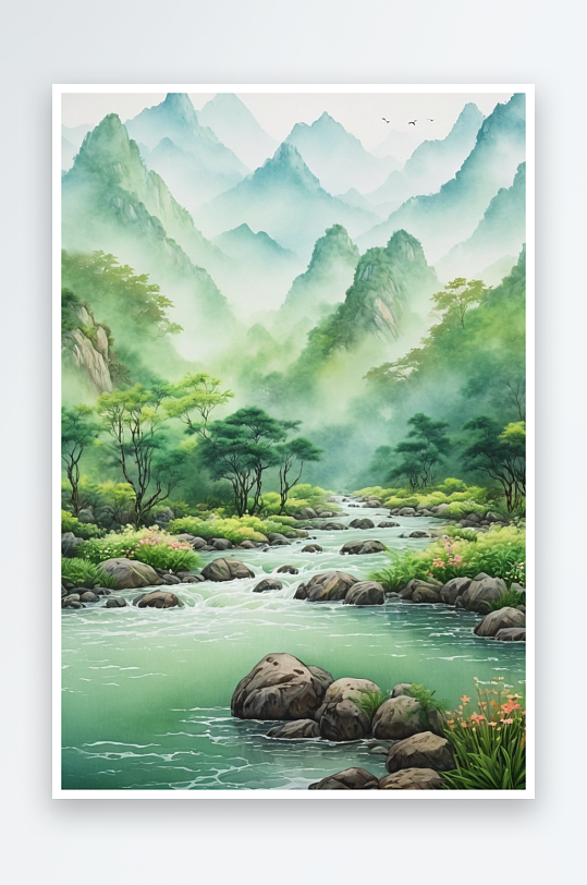 手绘古风水墨山水画幽静山谷图片