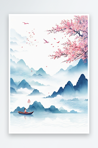 少女划船游览风山川水墨插画背景图片