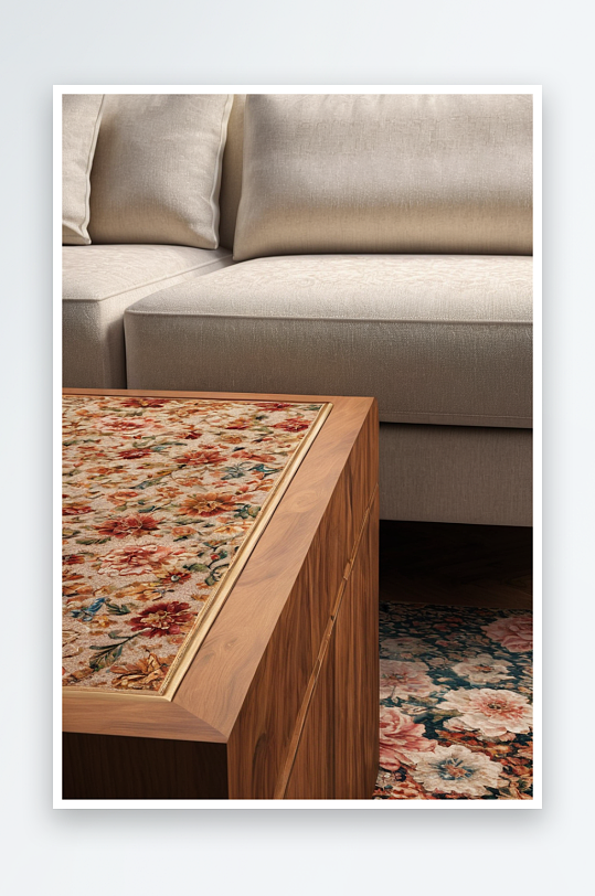 沙发地毯上木质咖啡桌图片