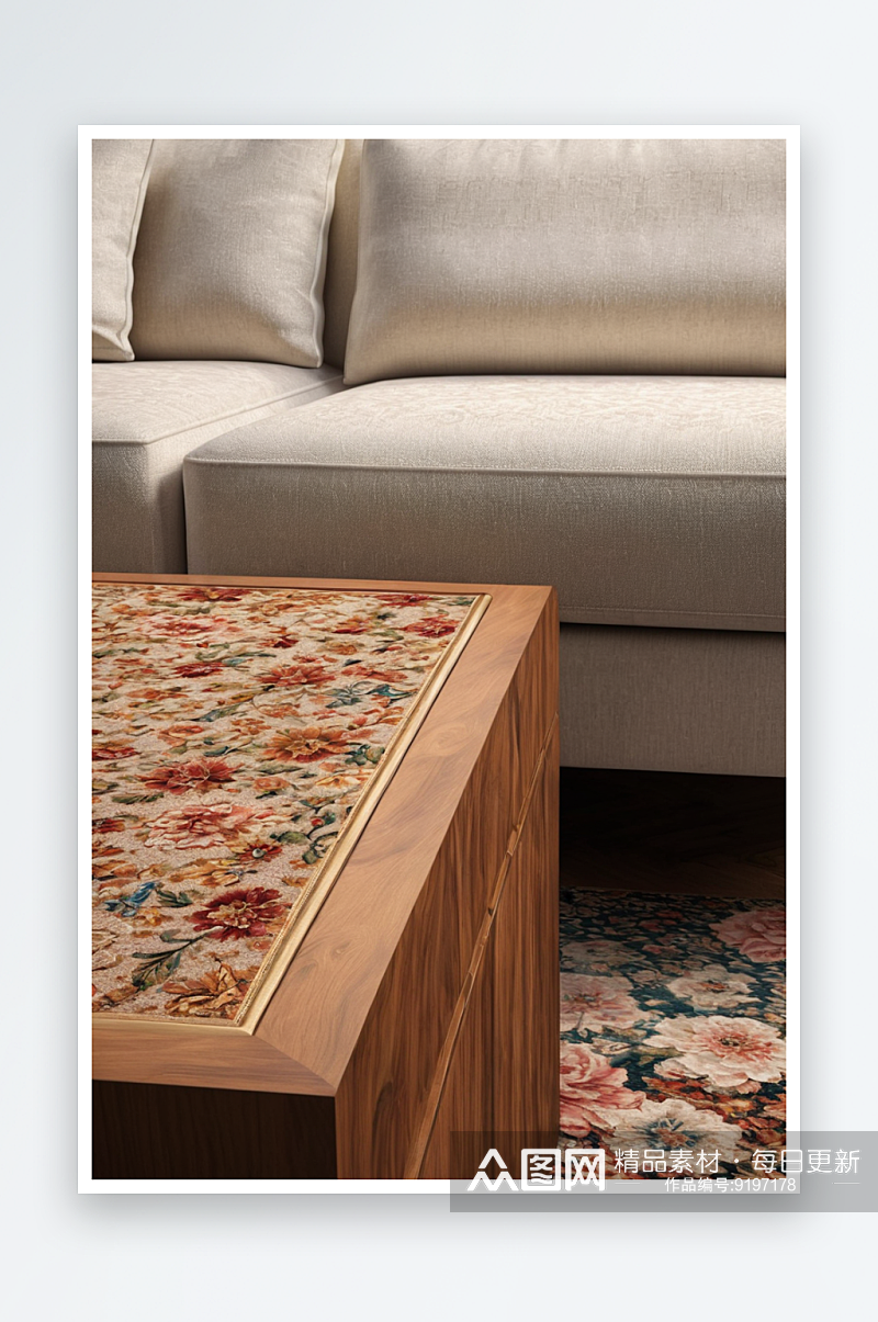 沙发地毯上木质咖啡桌图片素材