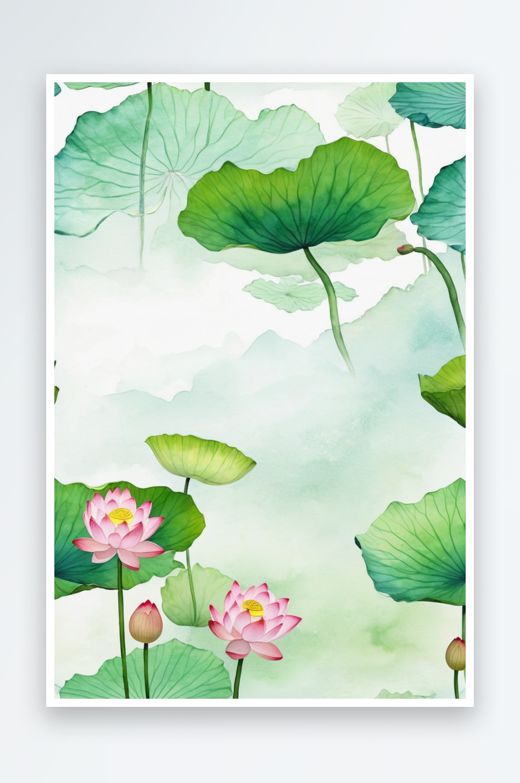 清新山水画水墨画青绿山水荷塘荷花莲花莲蓬素材