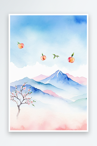 蓝色山上开满桃花树水彩插画图片