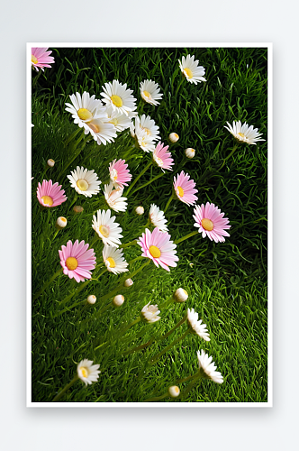 娇嫩白色粉红色雏菊或百花绿色草地上草坪雏