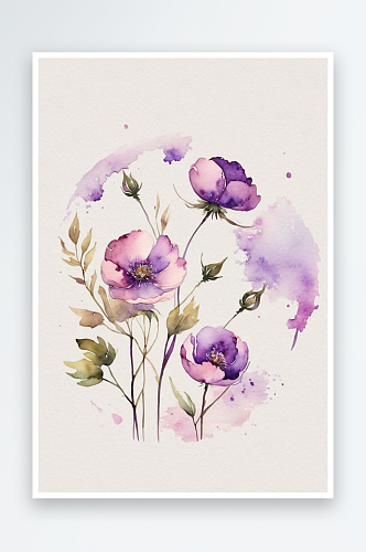 古风水彩水墨花卉插画纯底色紫月季图片