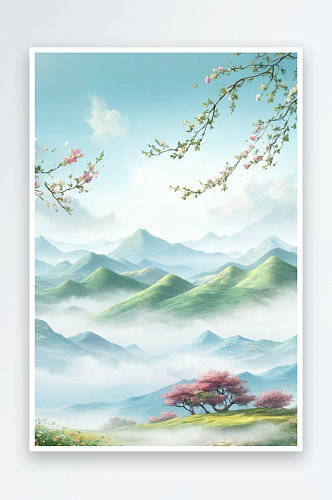 风写意山水湖泊风景节气背景插画图片