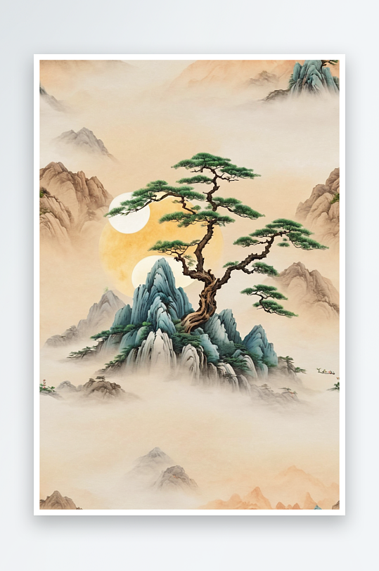 风水墨画假山旁边李子树图片