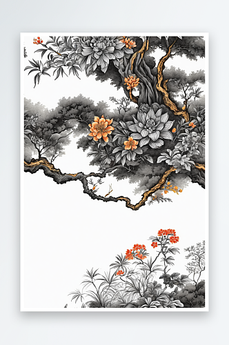 风手绘传统文化水墨插画植物风景图片