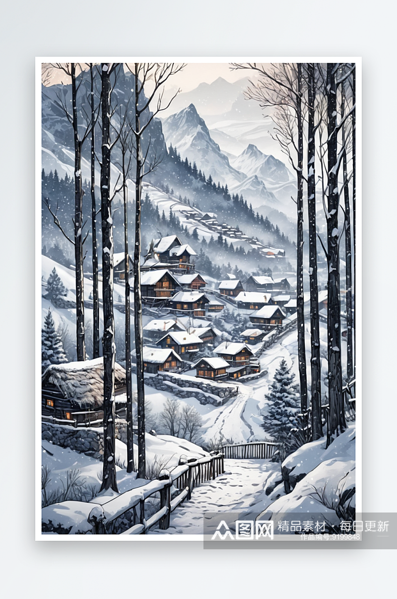 冬天山水村庄雪景水墨插画图片素材