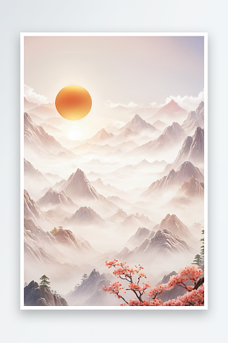 东方绘画太阳山脊风景图片
