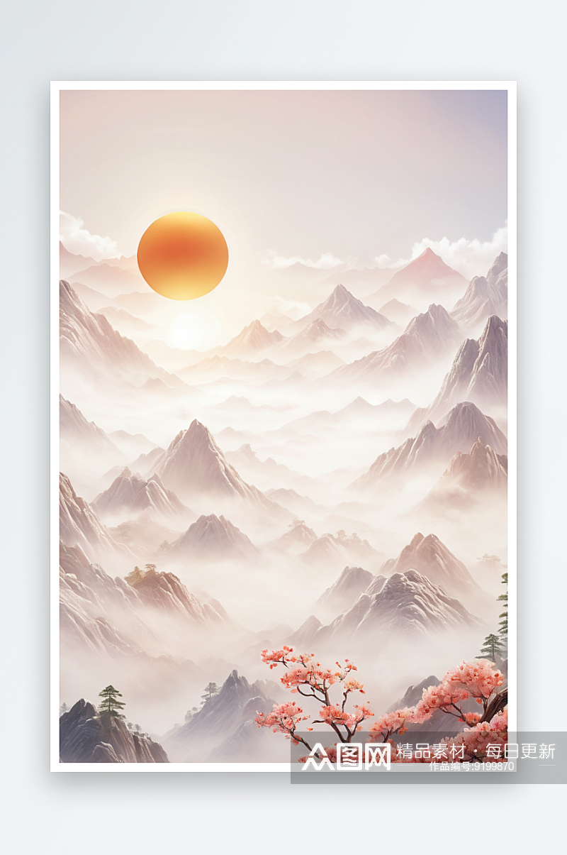 东方绘画太阳山脊风景图片素材