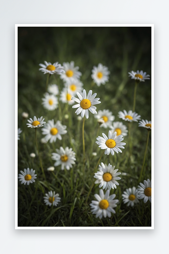 雏菊花头散落草地上选择性聚焦图片