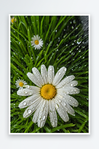 白色雏菊绿草里滴着雨特写镜头洋甘菊图片